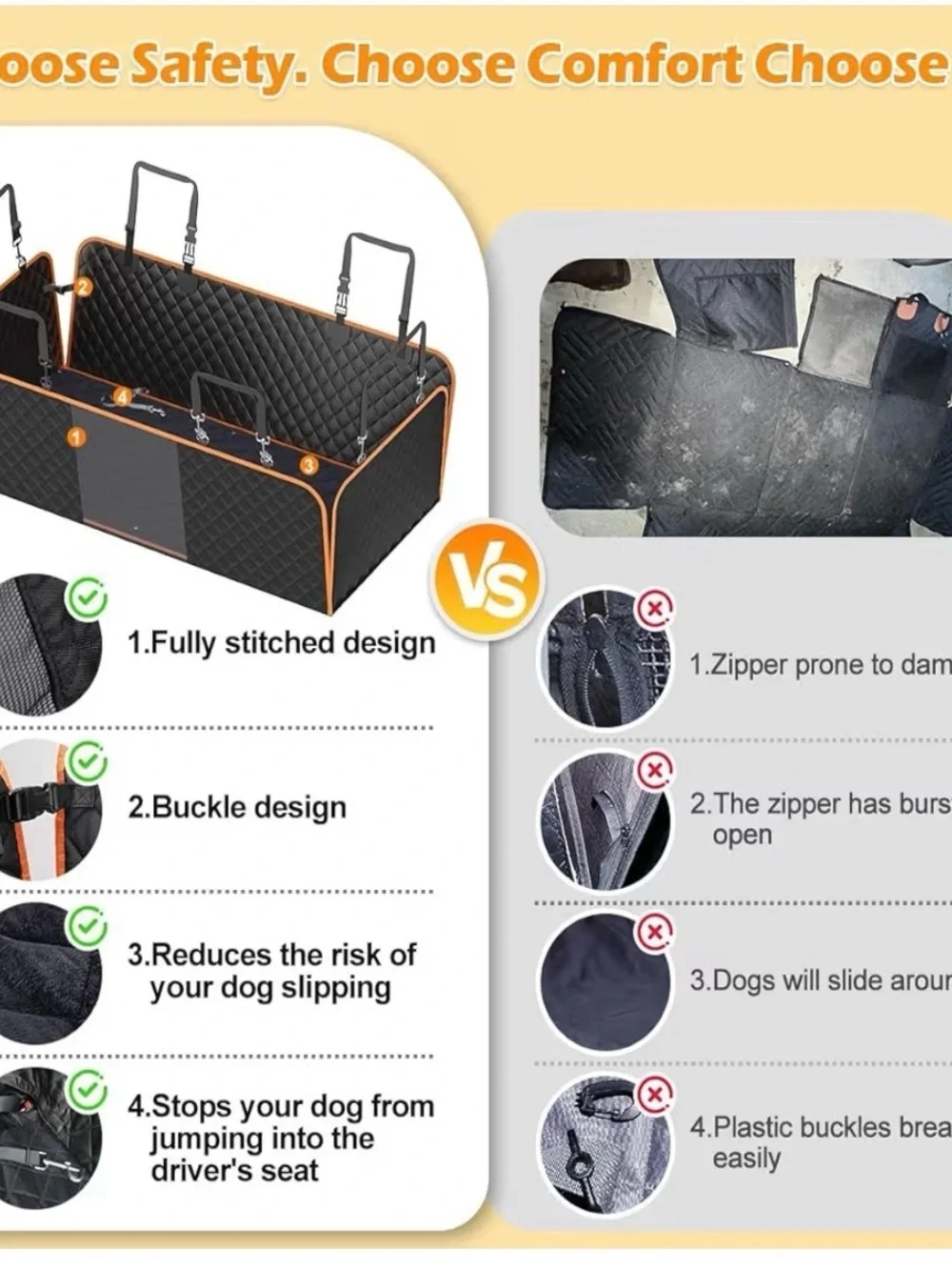 Quilted Black Dog Back Seat Protector with Orange Trim extra wide
